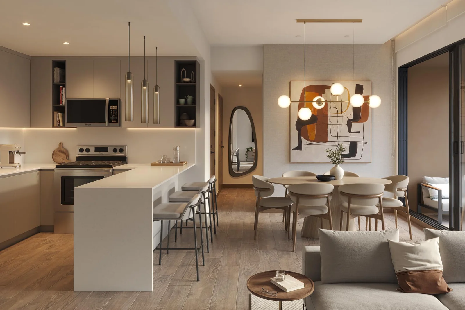 Sala y área social integrada de apartamento modelo en Cetri